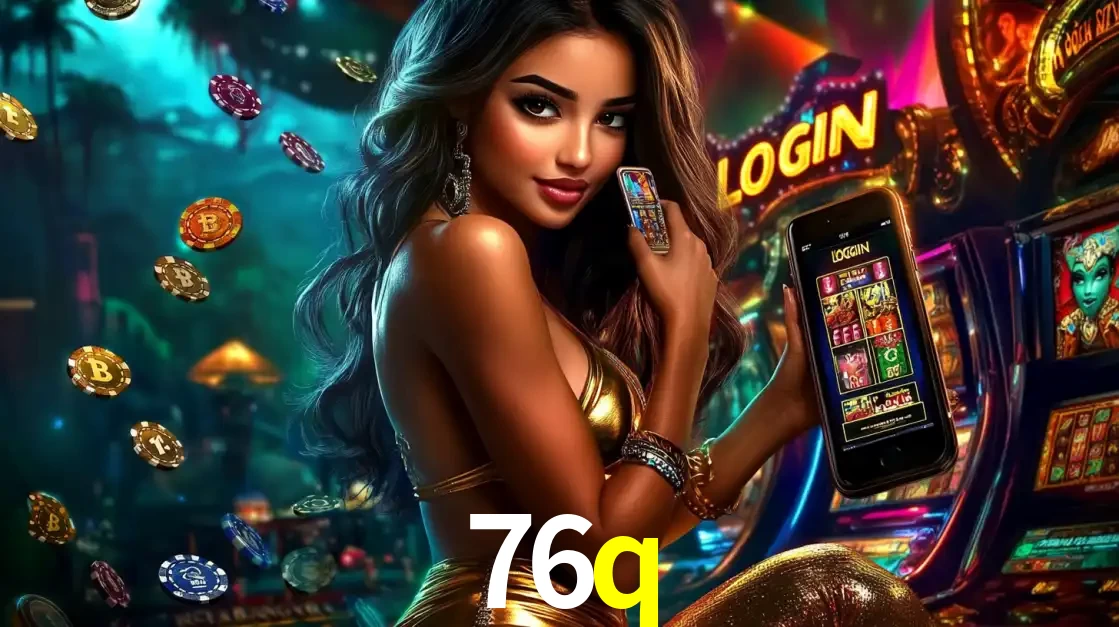 Mulher em um cenário de cassino temático de aventura, mostrando o app de caça-níqueis da 76q no celular. Fichas de apostas flutuam ao redor.