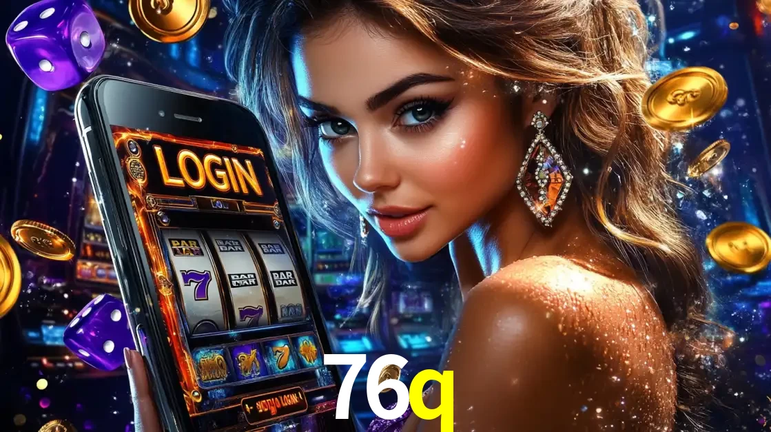 Mulher glamorosa segurando um smartphone com a tela de login para os jogos de caça-níqueis do cassino online 76q, com moedas de ouro e dados ao redor.