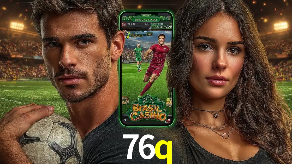 Homem segurando uma bola de futebol e uma mulher ao lado de um smartphone exibindo o jogo de apostas esportivas da 76q. Faça seu palpite no cassino online.